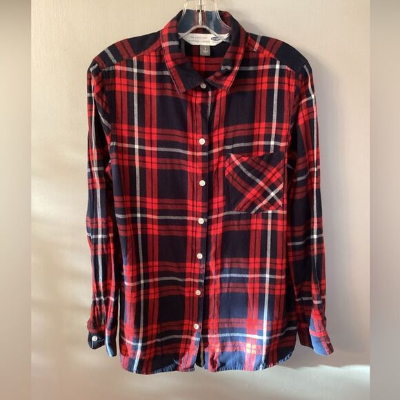 OLD NAVY SIZE LARGE RED WHITE BLUE PLAID THE CLASSIC SHIRT LIGHTWEIGHT FLANNEL - Picture 2 of 5